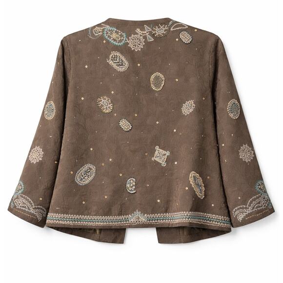 Nic + Zoe Embellished Cotton Jacket M Taupe Beaded Embroidered Boho Chic